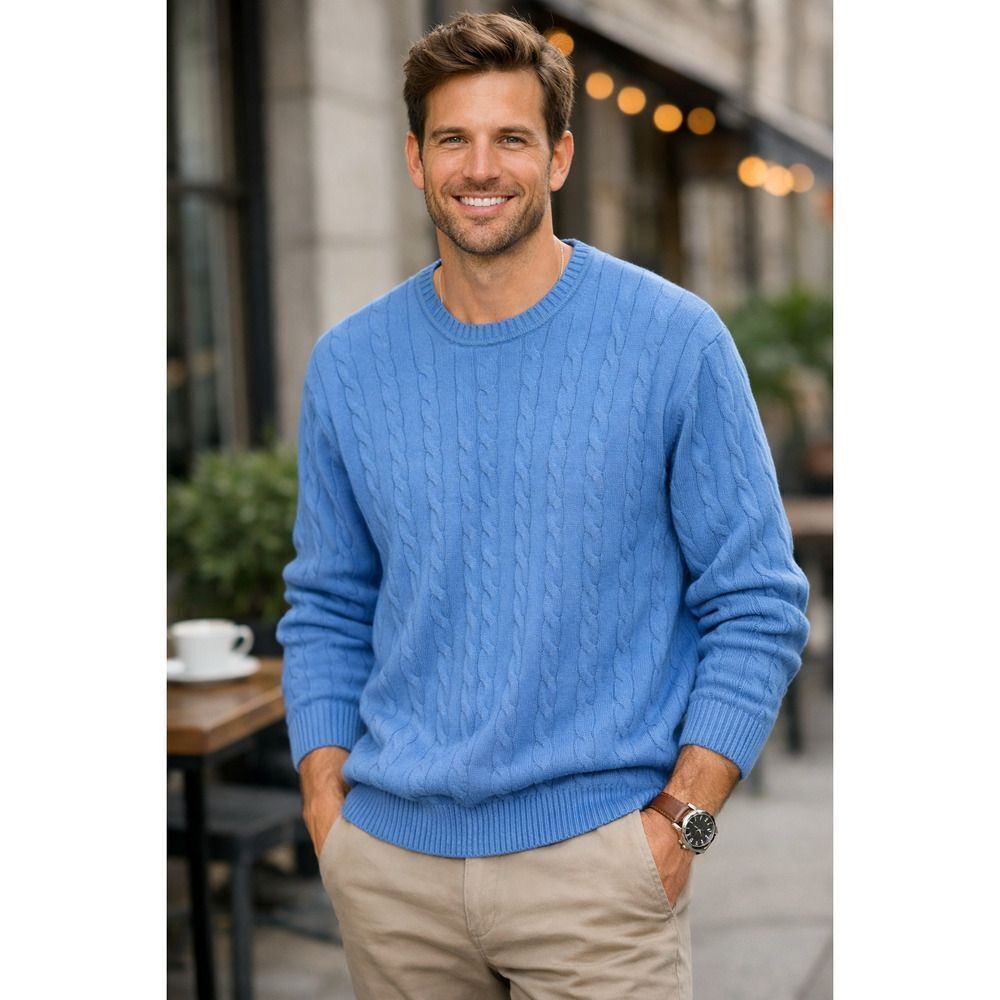 Mario Romano Blue Cable Knit Sweater Italy Cashmere Silk Blend Men’s XL Smart